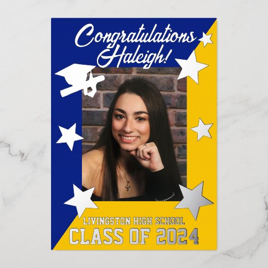 Royal Blue & Gold Diagonal Afstuderen Silver Folie Uitnodiging (Voorkant)