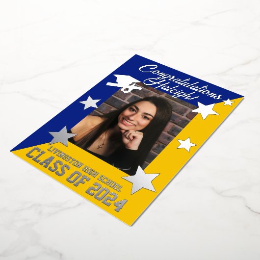 Royal Blue & Gold Diagonal Afstuderen Silver Folie Uitnodiging (Gedraaid)