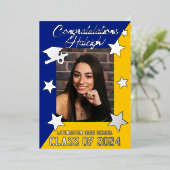 Royal Blue & Gold Diagonal Afstuderen Silver Folie Uitnodiging (Staand Voorkant)