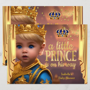 Royal Blue Gold Drapes Prince Baby shower Blonde Kaart