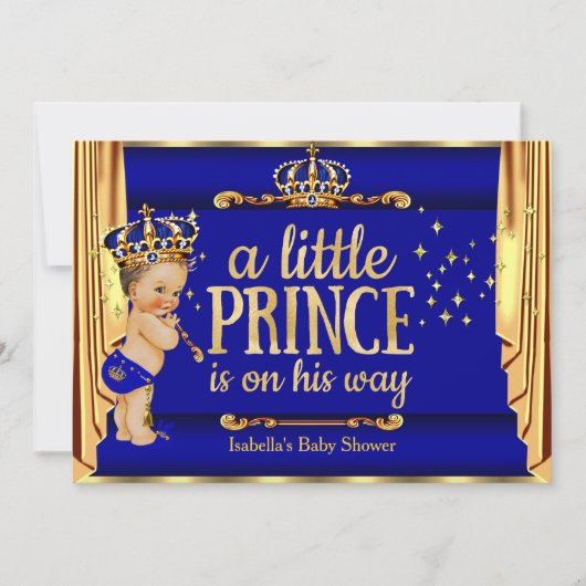 Royal Blue Gold Drapes Prince Baby shower Brunette Kaart (Voorkant)