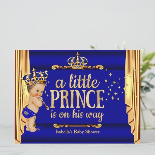 Royal Blue Gold Drapes Prince Baby shower groot Kaart (Staand voorkant)