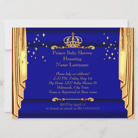Royal Blue Gold Drapes Prince Baby shower groot Kaart (Achterkant)
