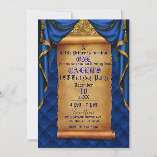 Royal Blue Gold Drapes Scroll 1e verjaardagsfeestj Kaart (Voorkant)