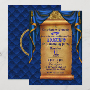Royal Blue Gold Drapes Scroll 1e verjaardagsfeestj Kaart