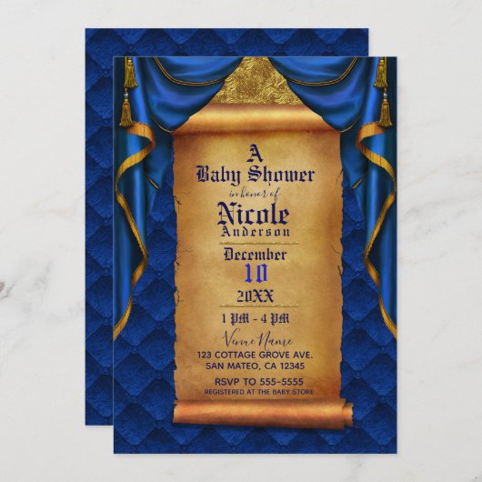 Royal Blue & Gold Drapes Scroll Baby shower Kaart (Voorkant / Achterkant)