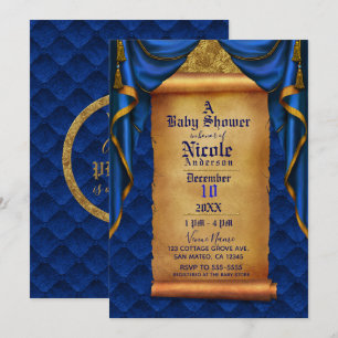 Royal Blue & Gold Drapes Scroll Baby shower Kaart