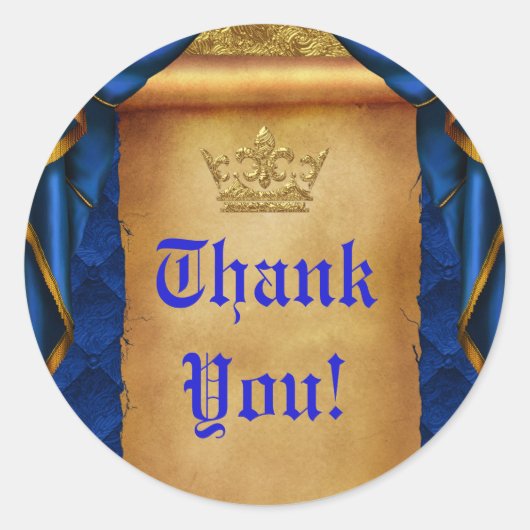 Royal Blue & Gold Drapes Scroll bruiloft gunst Ronde Sticker (Voorkant)