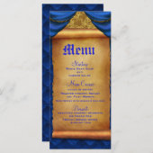 Royal Blue Gold Drapes Scroll Bruiloft Menu (Voorkant / Achterkant)