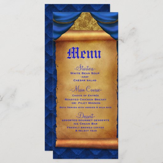 Royal Blue Gold Drapes Scroll Bruiloft Menu (Voorkant / Achterkant)