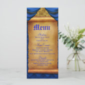 Royal Blue Gold Drapes Scroll Bruiloft Menu (Staand voorkant)