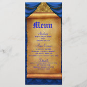 Royal Blue Gold Drapes Scroll Bruiloft Menu (Voorkant)