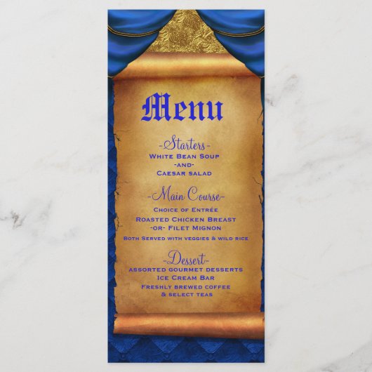 Royal Blue Gold Drapes Scroll Bruiloft Menu (Voorkant)