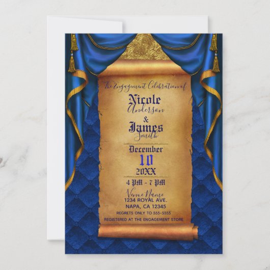 Royal Blue & Gold Drapes Scroll Engagement Party Kaart (Voorkant)