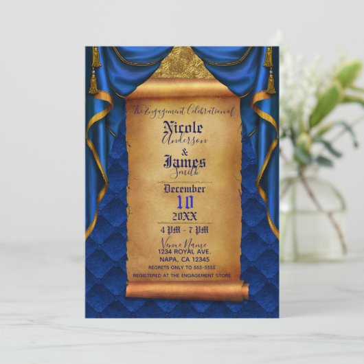 Royal Blue & Gold Drapes Scroll Engagement Party Kaart (Staand voorkant)