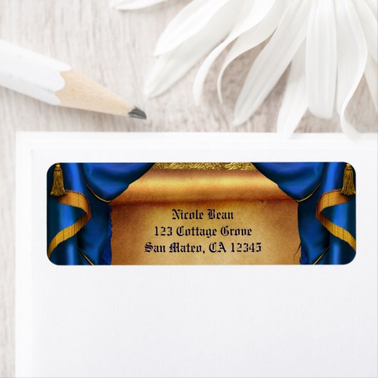 Royal Blue & Gold Drapes Scroll Wedding Party Etiket (Insitu)
