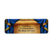 Royal Blue & Gold Drapes Scroll Wedding Party Etiket (Voorkant)