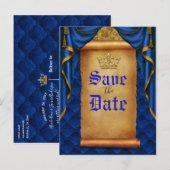 Royal Blue Gold Drapes Scroll Wedding Save Date Aankondigingskaart (Voorkant / Achterkant)