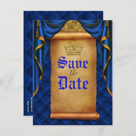 Royal Blue Gold Drapes Scroll Wedding Save Date Aankondigingskaart (Voorkant / Achterkant)