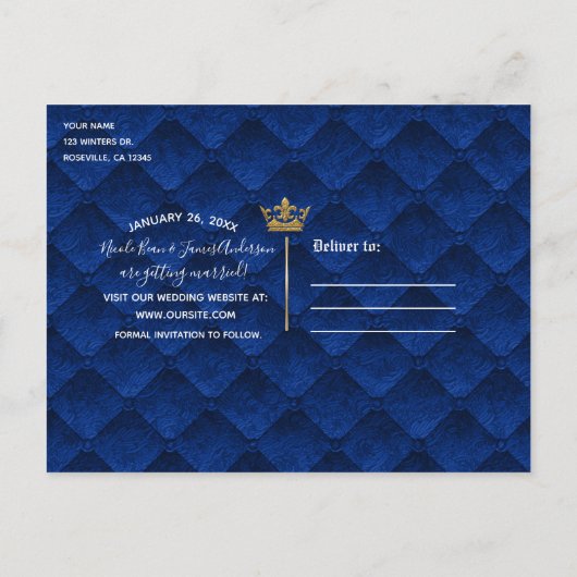 Royal Blue Gold Drapes Scroll Wedding Save Date Aankondigingskaart (Achterkant)