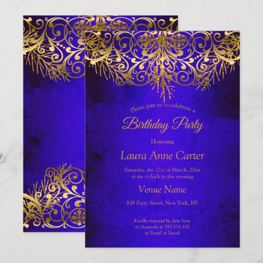 Royal Blue Gold elegant Birthday Party Kaart (Voorkant / Achterkant)