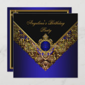 Royal Blue Gold Elegant Birthday Party Kaart (Voorkant / Achterkant)