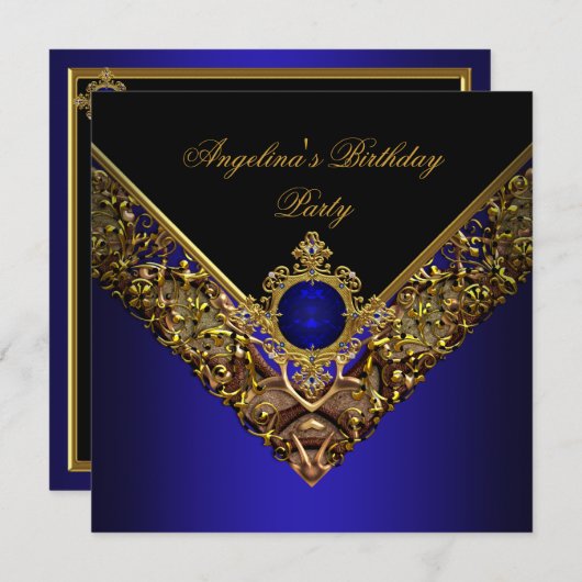 Royal Blue Gold Elegant Birthday Party Kaart (Voorkant / Achterkant)