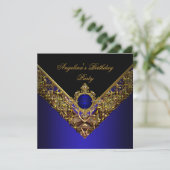Royal Blue Gold Elegant Birthday Party Kaart (Staand voorkant)