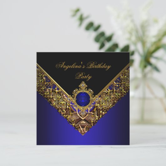 Royal Blue Gold Elegant Birthday Party Kaart (Staand voorkant)