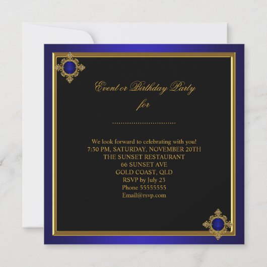 Royal Blue Gold Elegant Birthday Party Kaart (Achterkant)