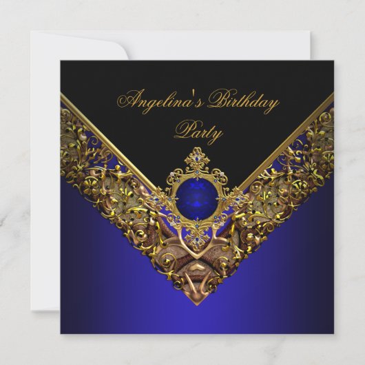Royal Blue Gold Elegant Birthday Party Kaart (Voorkant)