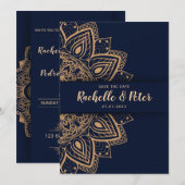 Royal Blue Gold Elegante Luxe Huwelijksuitnodiging Kaart (Voorkant / Achterkant)