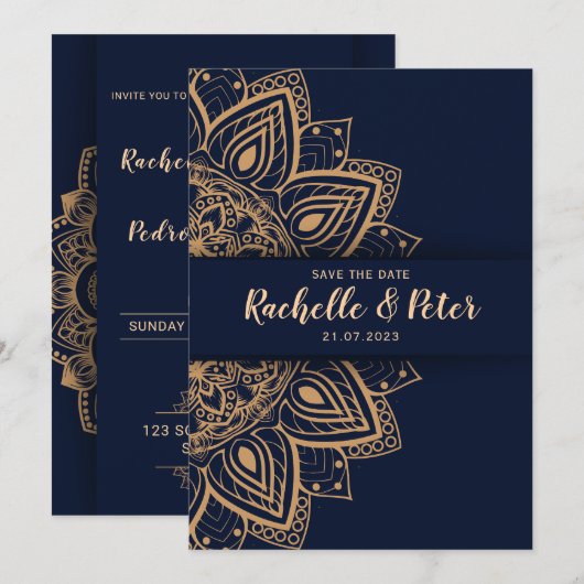 Royal Blue Gold Elegante Luxe Huwelijksuitnodiging Kaart (Voorkant / Achterkant)