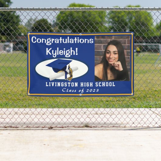 Royal Blue, Gold en White Vinyl Afstuderen Foto Spandoek (Insitu)