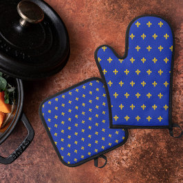 Royal Blue & Gold Fleur de Lis Ovenwant & Pannenlap Set