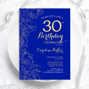 Royal Blue Gold Floral 30th Birthday Party Kaart
