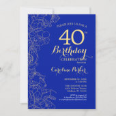 Royal Blue Gold Floral 40th Birthday Party Kaart (Voorkant)