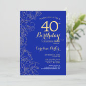 Royal Blue Gold Floral 40th Birthday Party Kaart (Staand voorkant)