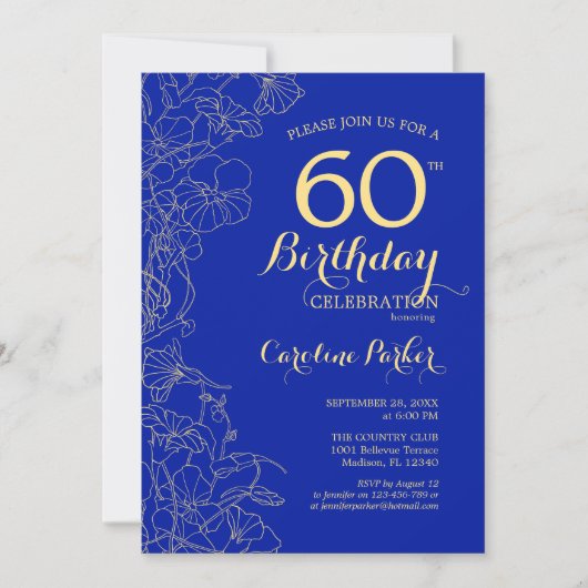 Royal Blue Gold Floral 60th Birthday Kaart (Voorkant)