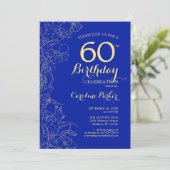 Royal Blue Gold Floral 60th Birthday Kaart (Staand voorkant)