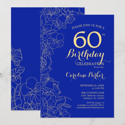 Royal Blue Gold Floral 60th Birthday Kaart (Voorkant / Achterkant)
