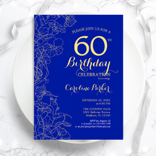 Royal Blue Gold Floral 60th Birthday Party Kaart