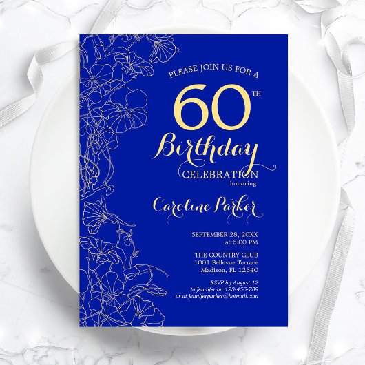 Royal Blue Gold Floral 60th Birthday Party Kaart