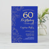 Royal Blue Gold Floral 60th Birthday Party Kaart (Staand voorkant)