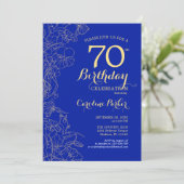 Royal Blue Gold Floral 70th Birthday Party Kaart (Staand voorkant)