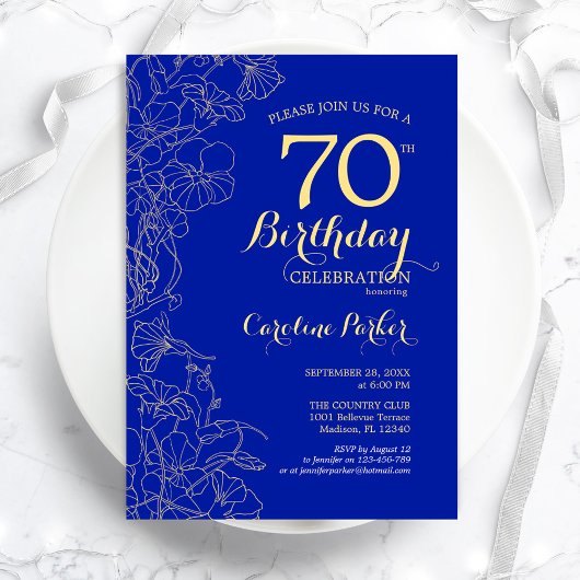 Royal Blue Gold Floral 70th Birthday Party Kaart