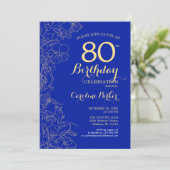 Royal Blue Gold Floral 80th Birthday Party Kaart (Staand voorkant)