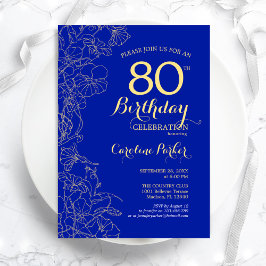 Royal Blue Gold Floral 80th Birthday Party Kaart