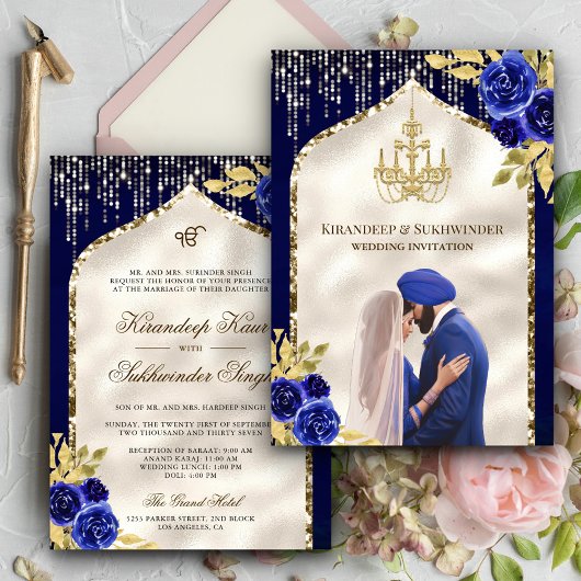 Royal Blue Gold Floral Anand Karaj Sikh Bruiloft Kaart