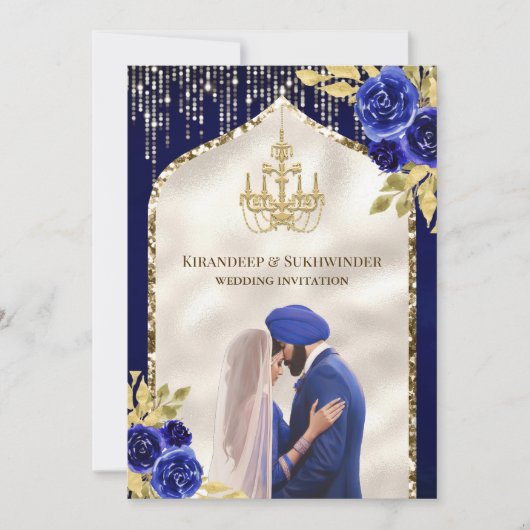 Royal Blue Gold Floral Anand Karaj Sikh Bruiloft Kaart (Voorkant)